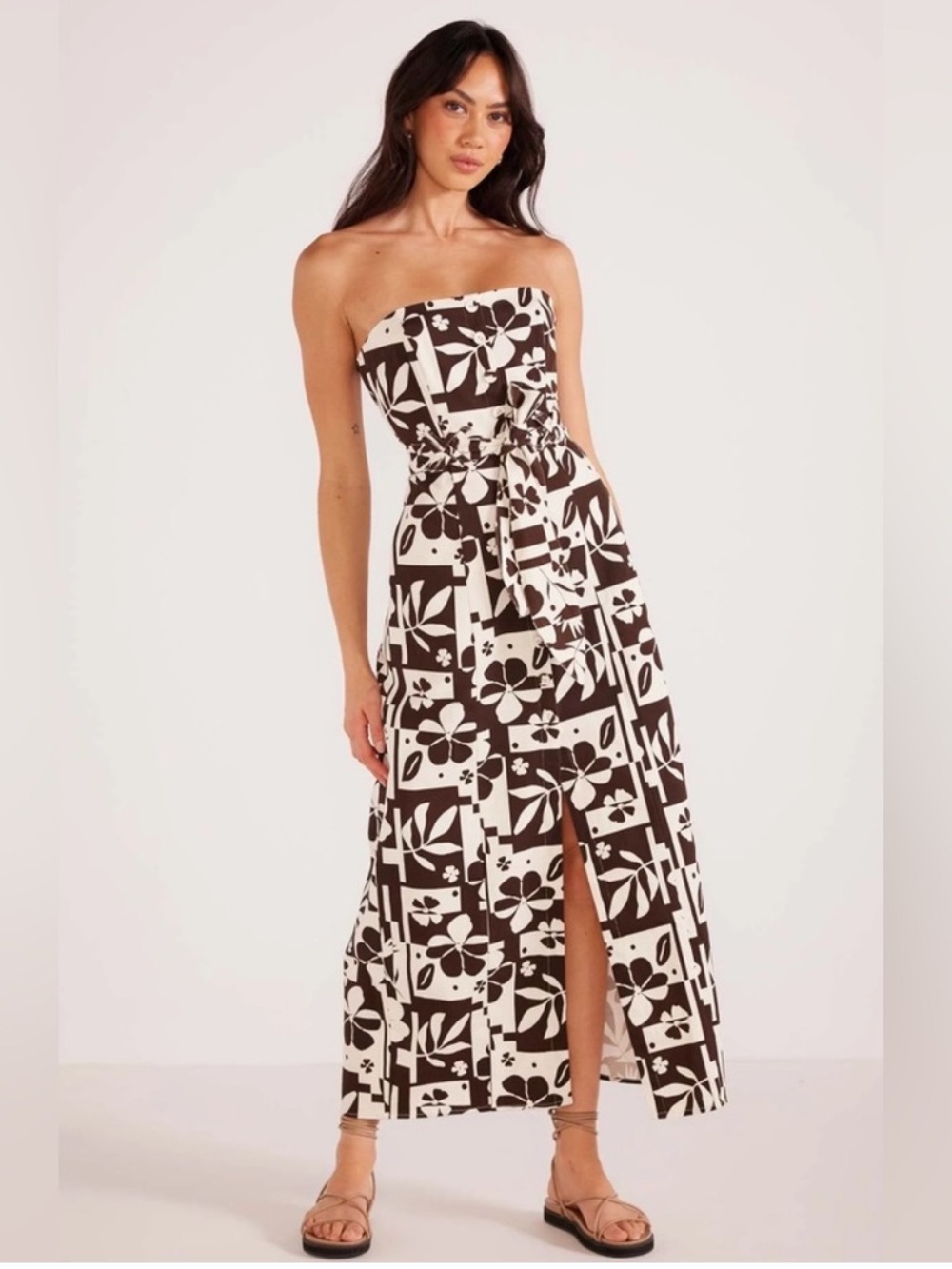 MINKPINK SIZE L JOAN brown FLORAL MIDI DRESS STRAPLESS